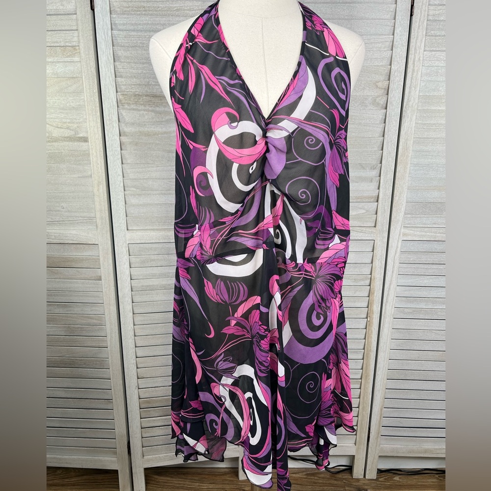 FASHION BUG Vintage Sheer Patterned Halter Top Black/Purple-22